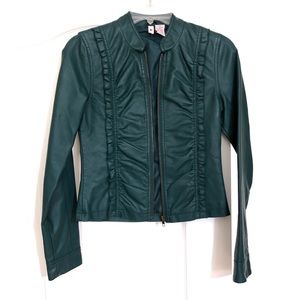 Faux Leather Jacket with Ruffles on Front